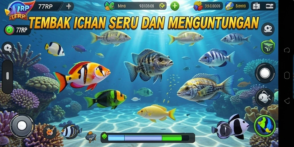 Gameplay seru 77RP saat menembak ikan besar.