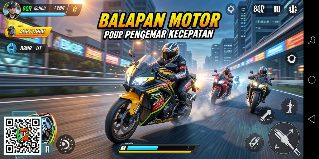 Screenshot gameplay 8QR menampilkan balapan motor yang mendebarkan.