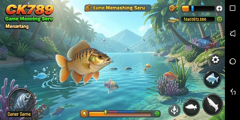 Screenshot menunjukkan pemancing yang aktif menangkap ikan besar di danau.