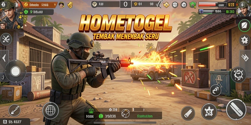 Tampilan gameplay seru HOMETOGEL dengan aksi tembak menembak intens.