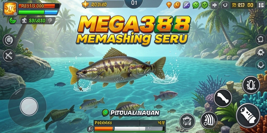 Tampilan gameplay MEGA388 dengan pemandangan indah dan ikan beragam.
