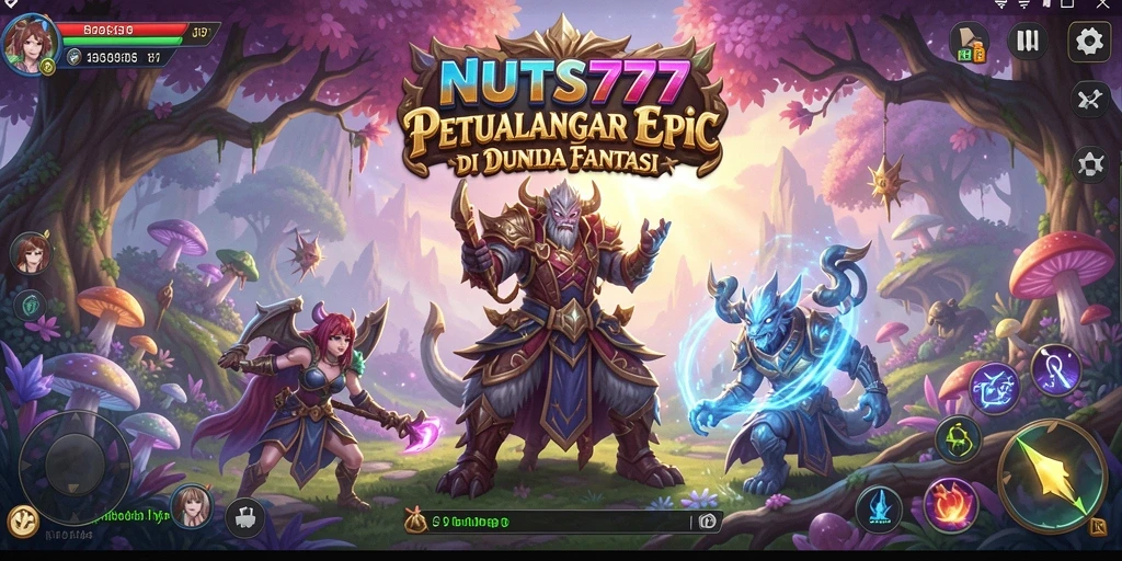 Tangkapan layar utama NUTS777 menunjukkan aksi pertempuran seru di dunia fantasi.