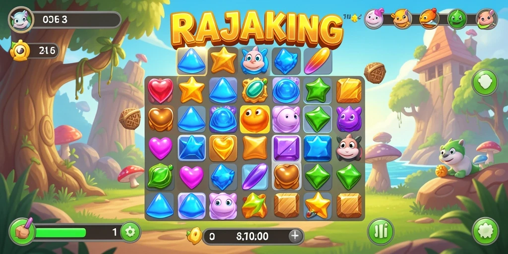 Tampilan gameplay dari RAJAKING dengan papan permainan penuh warna.