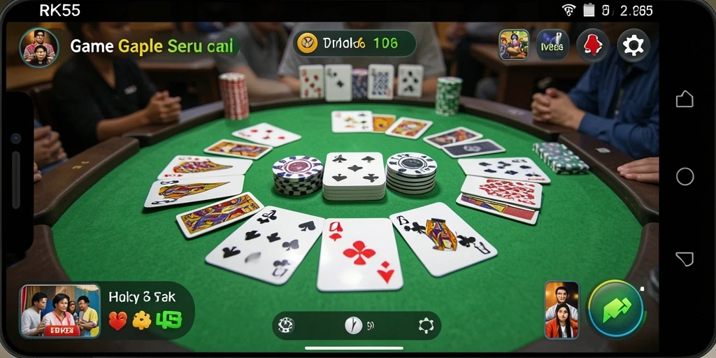 Screenshot gameplay RK55 menampilkan suasana seru bermain Gaple.