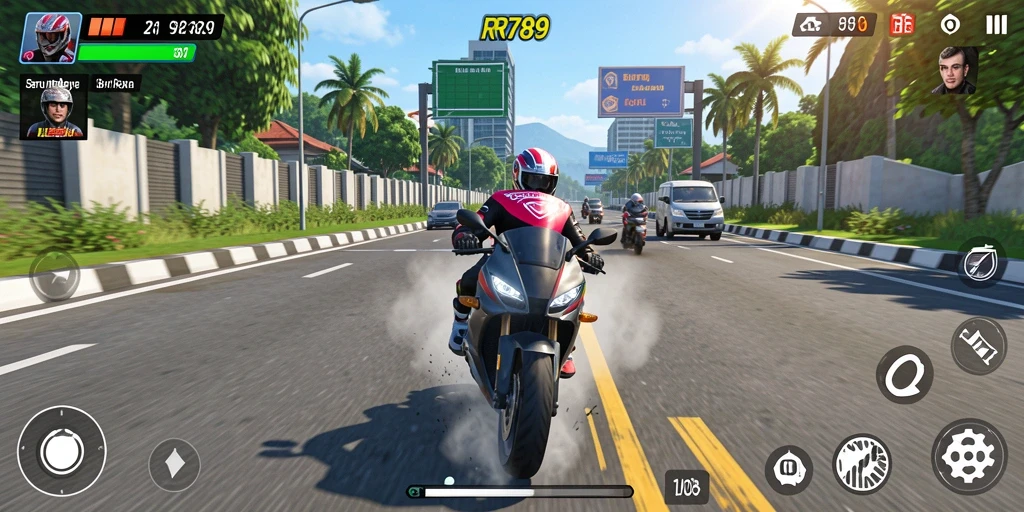 Screenshot menunjukkan aksi balapan motor yang intens dan mendebarkan.
