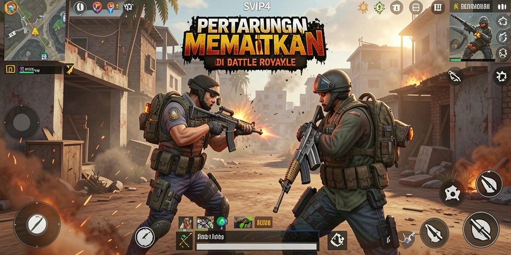 Screenshot gameplay SVIP4 yang menampilkan aksi intens Battle Royale.